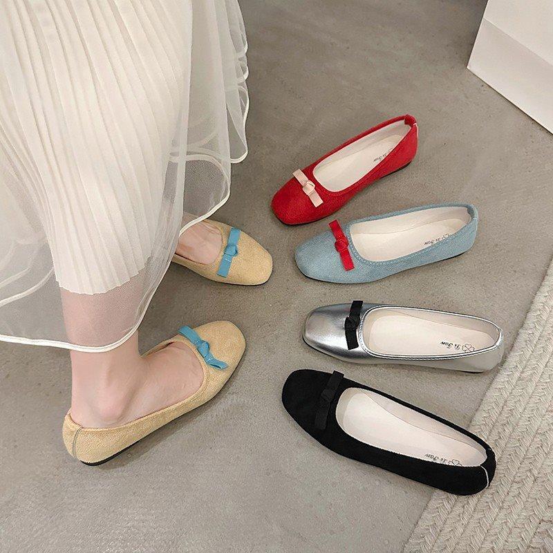 New French Spring and Autumn Evening Wind Fairy Shallow Mouth Single Shoes Female Gentle Flat-bottomed Doudou Shoes Red Pedal