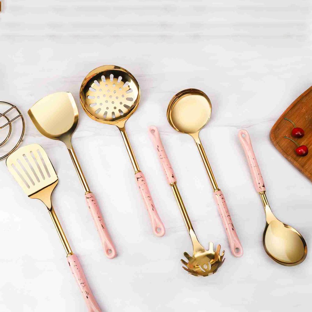 7PCS Stainless Steel Cooking Utensils Set Ceramic Handle Kitchen Spatulas Spoons Set Pink and Gold