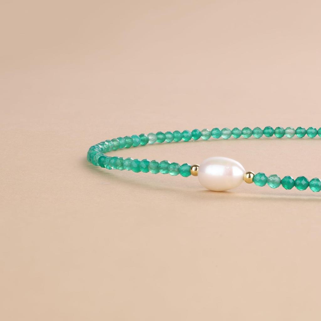 [Koai] 3mm Cut Green Agate Freshwater Pearl Power Stone Necklace for Women