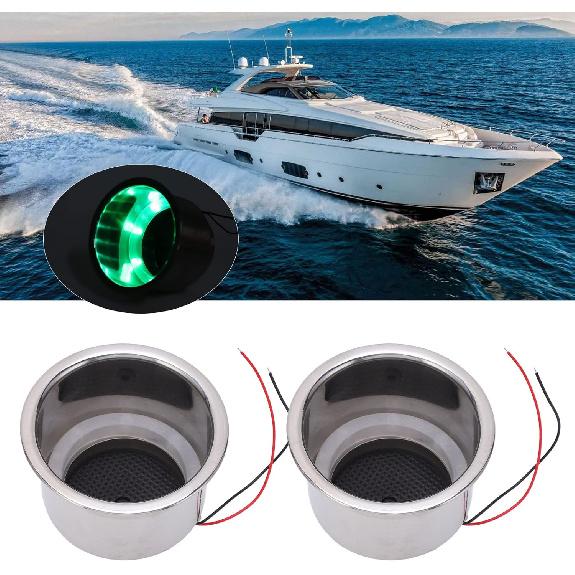 Akozon Luminous Cup Holder Insert, 2Pcs 8 LEDs Drink Holder With Draining Hole for Marine Boat Car (Green LED)