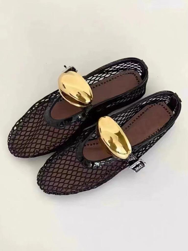 Sheepskin Version~ Round Head Design Fish Grid Hollow Ballet Shoes Women's Summer Blue Fashion Flat-bottomed Belt Buckle Single Shoes