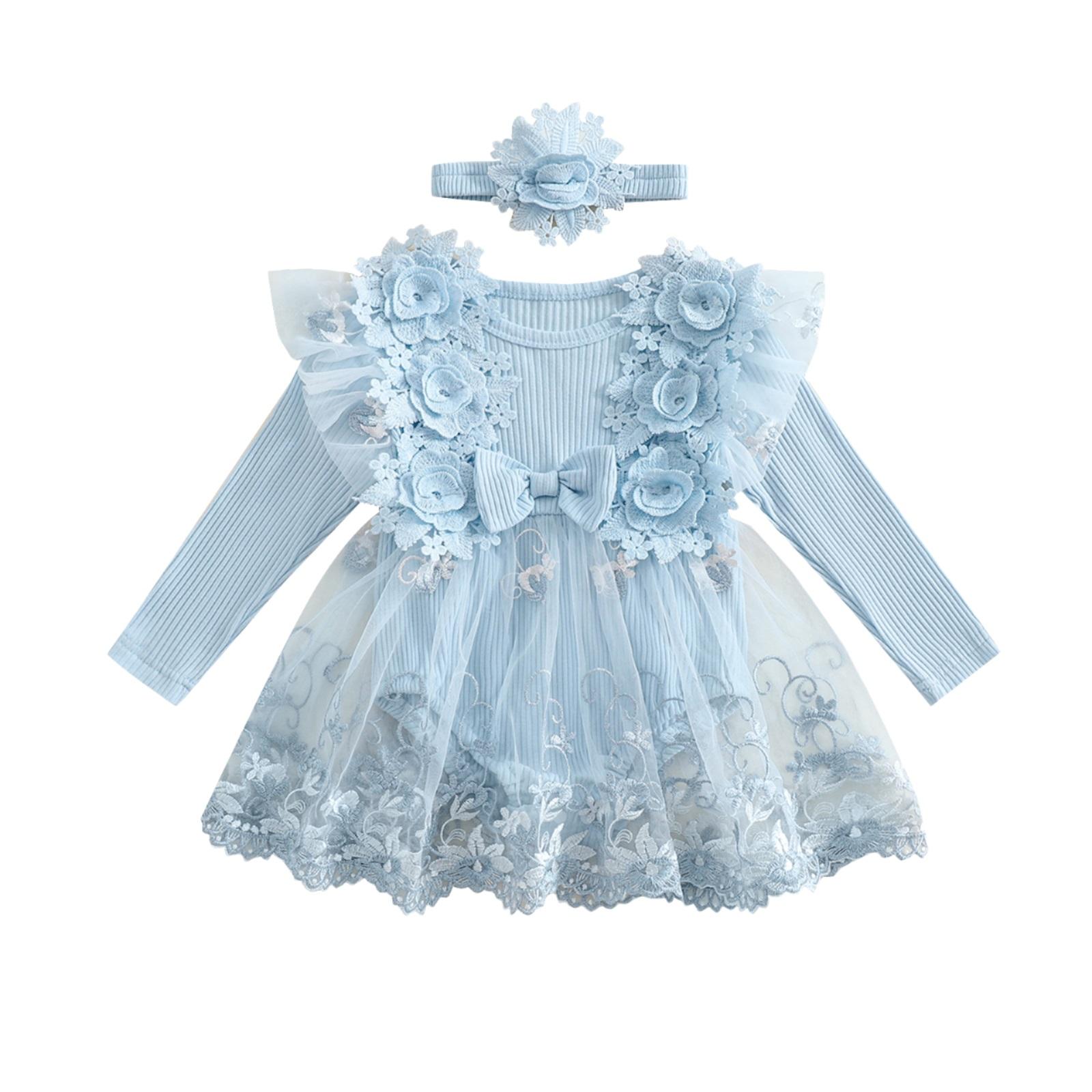 

Baby Girl Fall Outfit Floral Embroidery Tulle Long Sleeve Round Neck Romper Dress Bow Headband 2 Piece Set 0-3M