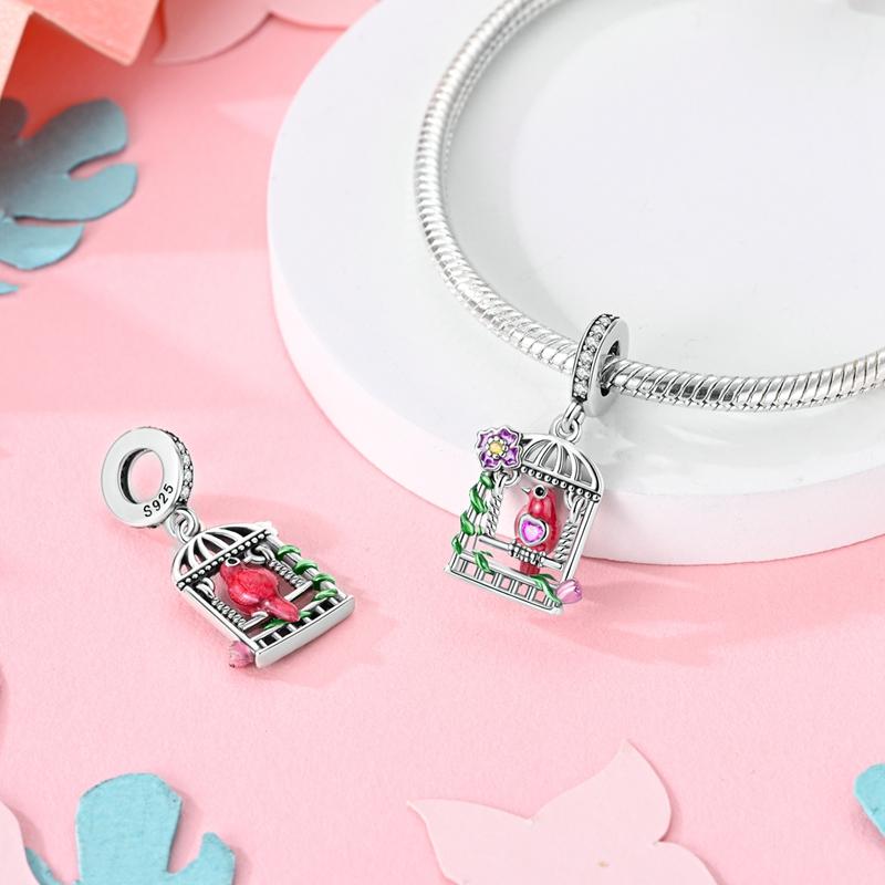 Charms Copper Birdcage Purple Flower Bird Pendant Beads Fit Charms Plata Original Bracelet Beads Women Jewellery Making