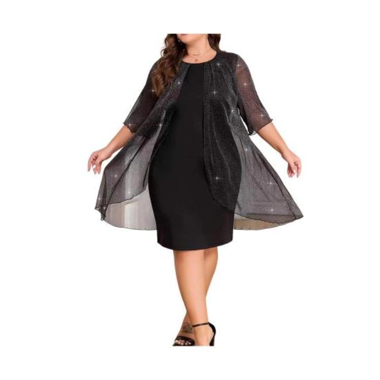 Glitter Shawl Design Plus Size Women Dress Round Neck Half Sleeve Slimming Loose Hem Casual Office Party Wear