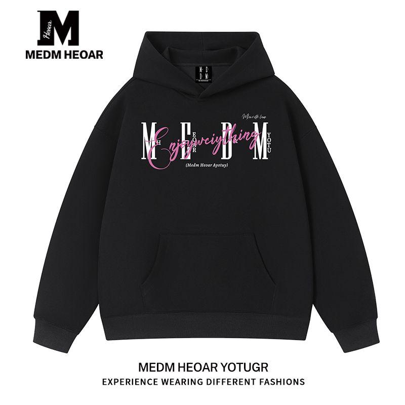 

[Three Labels Complete] Medm Heoar American Hoodie Loose Print Heavy Casual Fashion Man Women s Black [Regular Style] 2XL