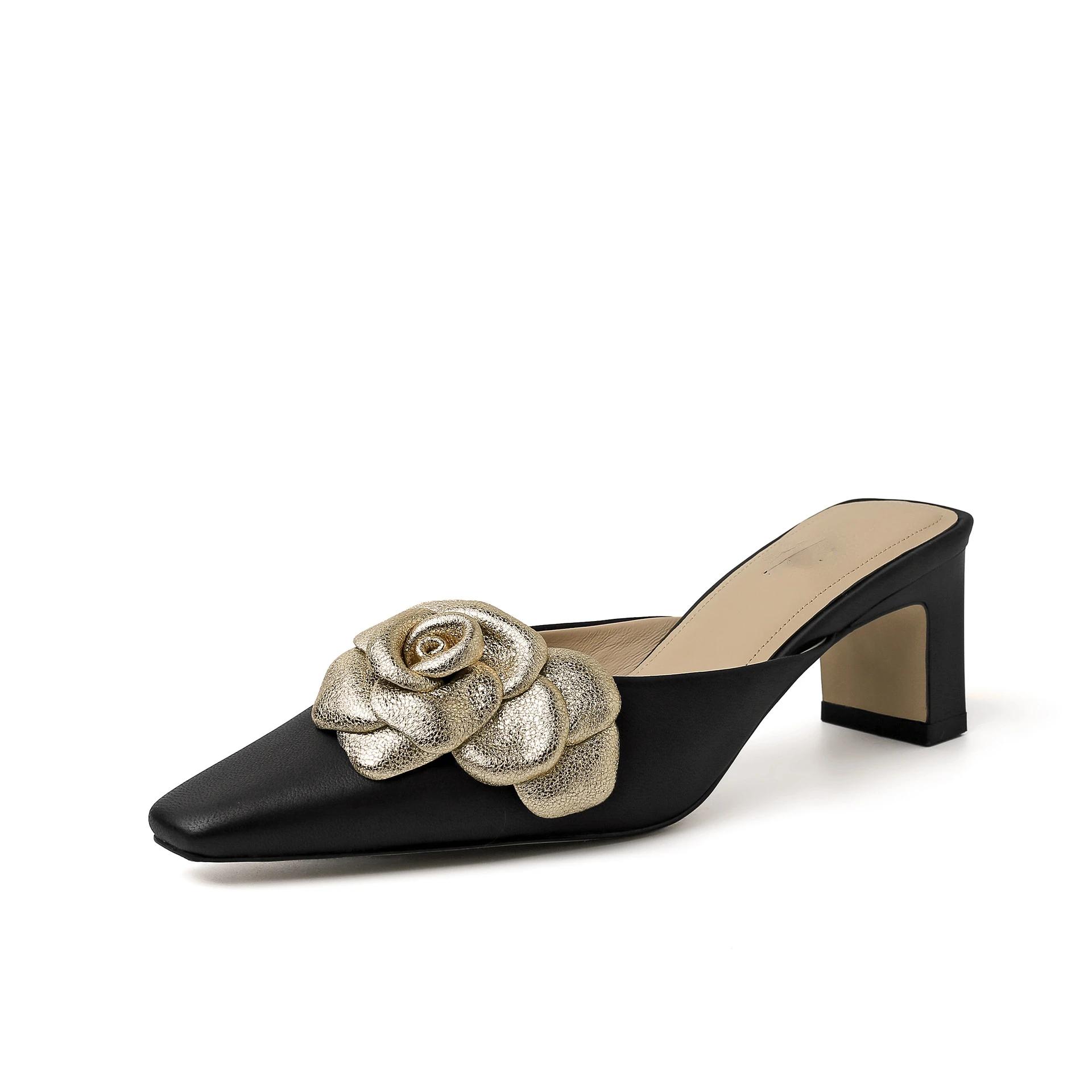 

Модные тапочки-мюли с золотым цветочным узором, женские летние босоножки на толстом среднем каблуке, сексуальные туфли-лодочки с квадратным носком, женские роскошные босоножки для женщин 2024 40 чёрный