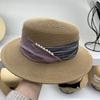 Celebrity temperament elegant pearl straw hat women's summer vacation pleated cloth flat top sunscreen visor