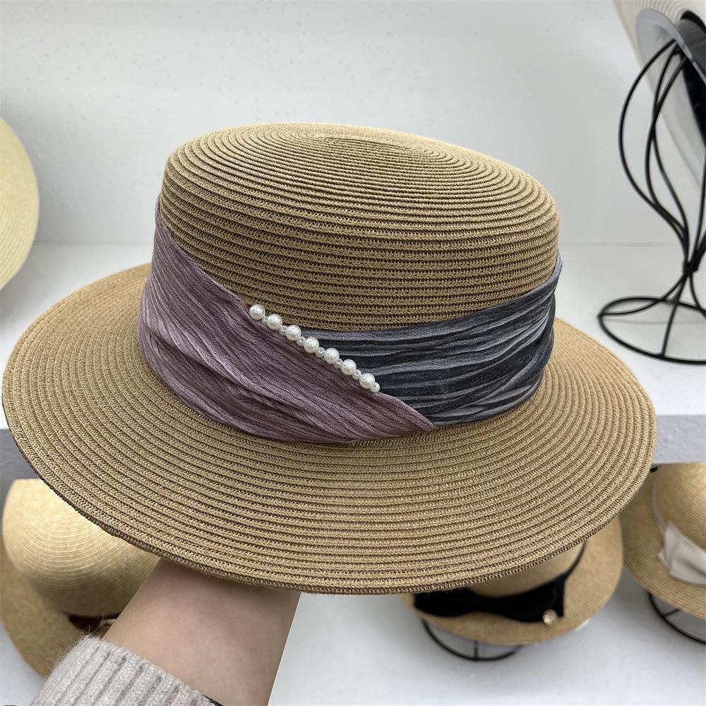 Celebrity temperament elegant pearl straw hat women's summer vacation pleated cloth flat top sunscreen visor
