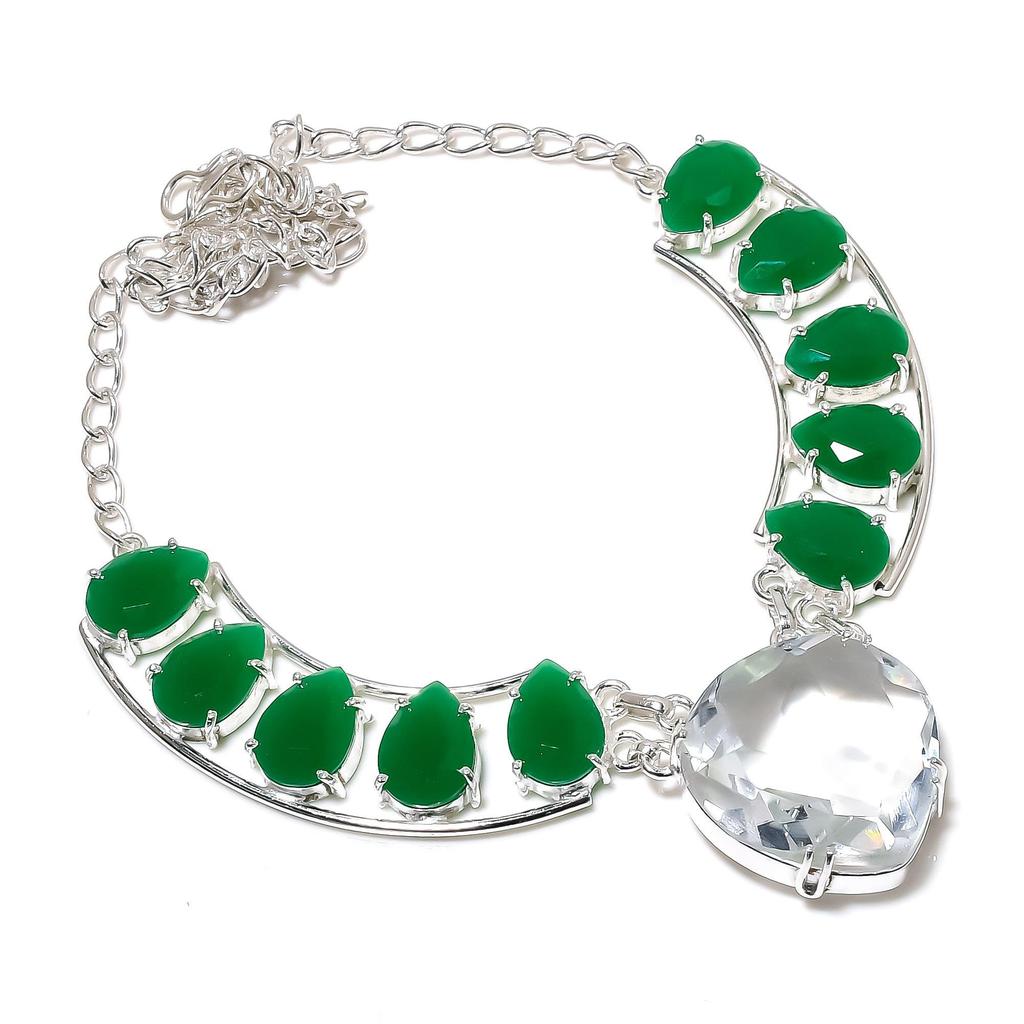 Amazing Emerald Gemstone Handmade 925 Sterling Silver Electroform Necklace, White Topaz Silver For Wife Unisex Pendant Anniversary Gifts