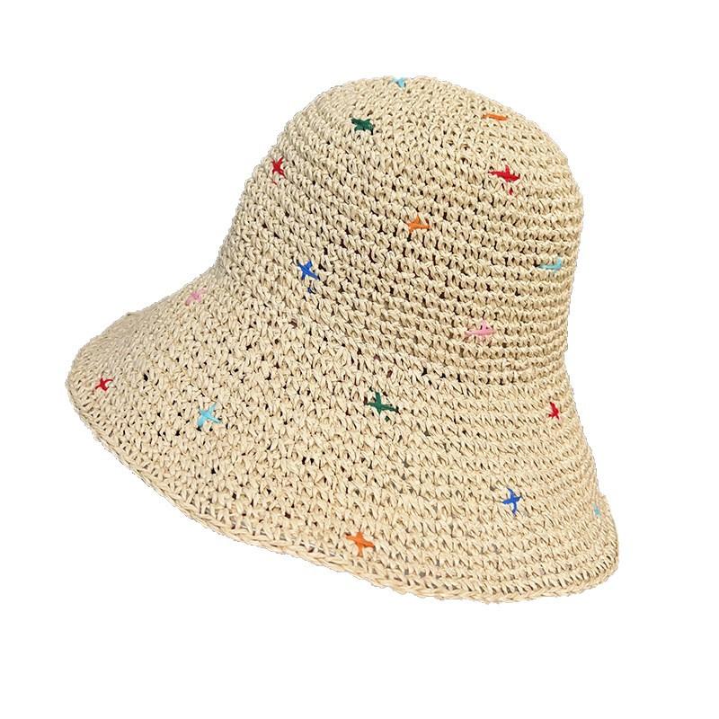 Chapeau d'été anti-UV à large bord Vacances à la plage Chapeau de paille de plage Étoiles colorées Tissage Chapeau de pêcheur Chapeau de pêcheur