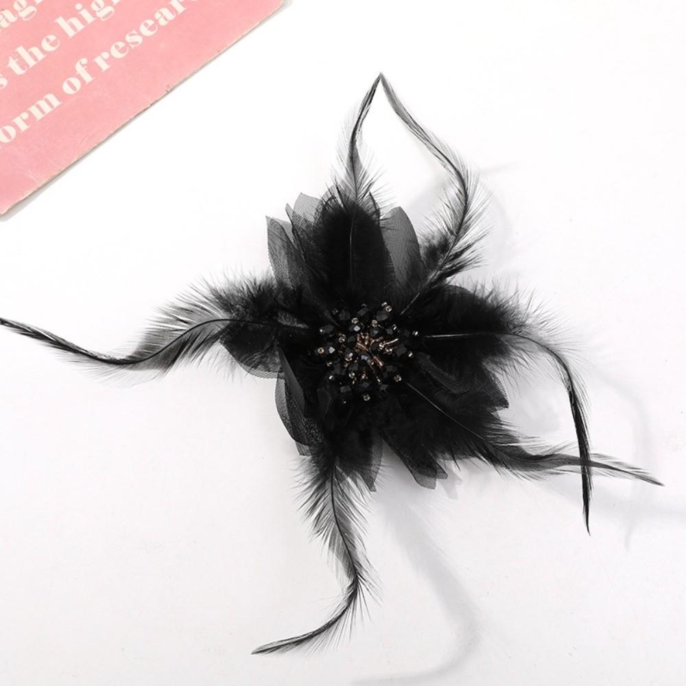 Handmade Feather Brooches Exquisite Pearl Crystal Flower Corsage Hair Accessories Lace Artificial Flower for Pin