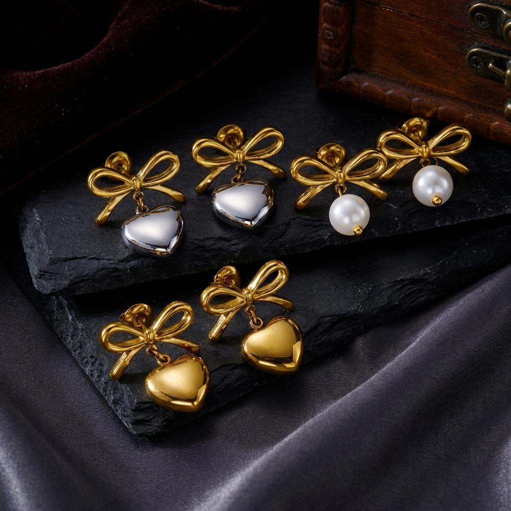 Elegant Imitation Pearl Drop Earrings for Women Stainless Steel Gold Color Bowknot Classic Everyday Office Wear Jewelry Gift