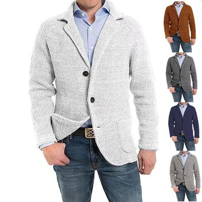 Men's Casual Knit Cardigan with Checkered Pattern, Light Grey, Brown, Dark Grey, Navy, Beige