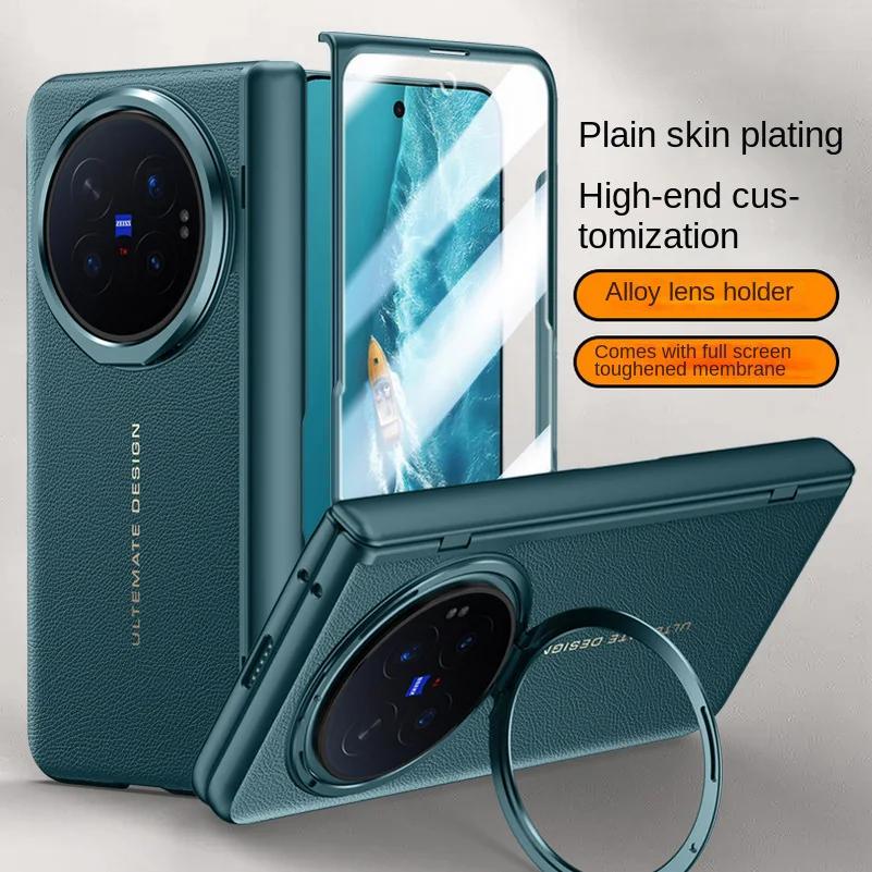 Luxury Leather With Front Screen Tempered Glass Protector Case For VIVO X Fold 6 Spring Hinged Camera Holder Cover