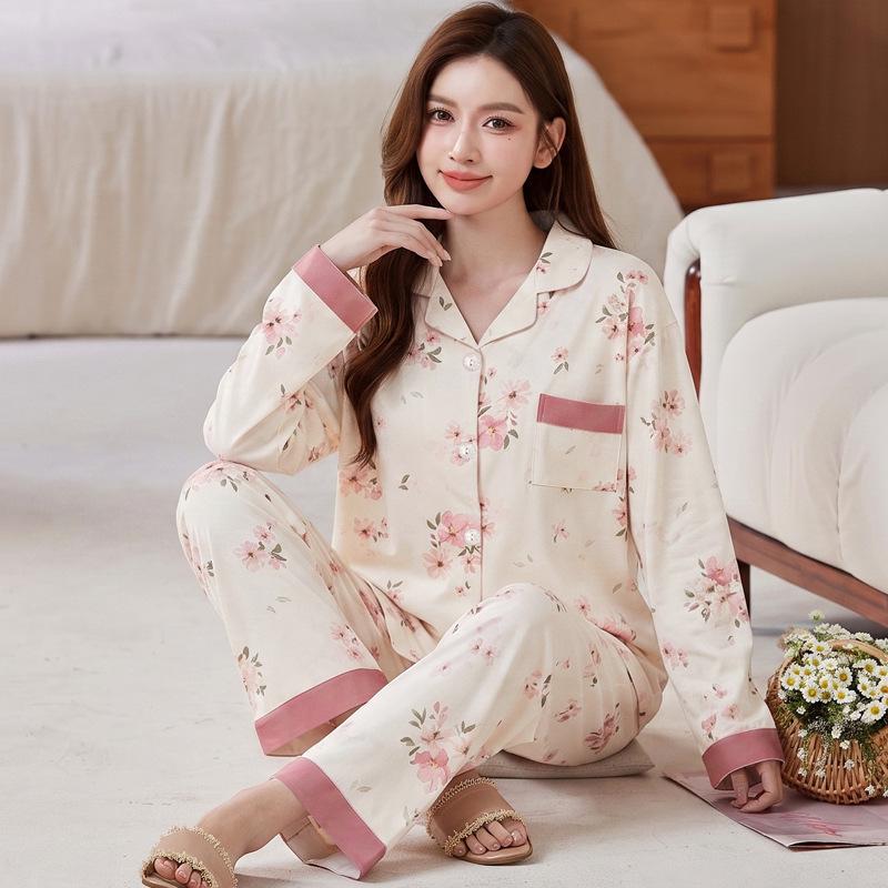 Fashion sweet printed pajamas women's spring and autumn imitation cotton long-sleeved loungewear large size comfortable mother suit