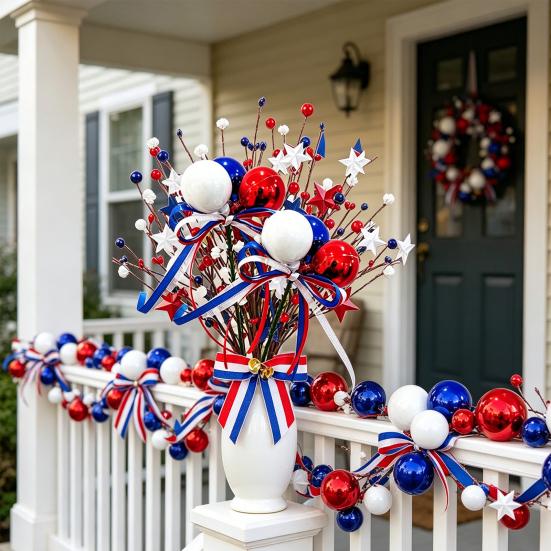 Independence Day Colorful Balls And Branches, Red White Blue Floral Poles, Reusable Plastic Foam Spheres, Vase Cake Decoration, Patriotic Party Decor