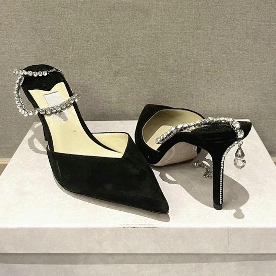 

Fashion 2025 New Women s Shoes Satin Pointed Toe High Heels Rhinestone Chain Toe Sandals Sexy Roman Pumps 34
