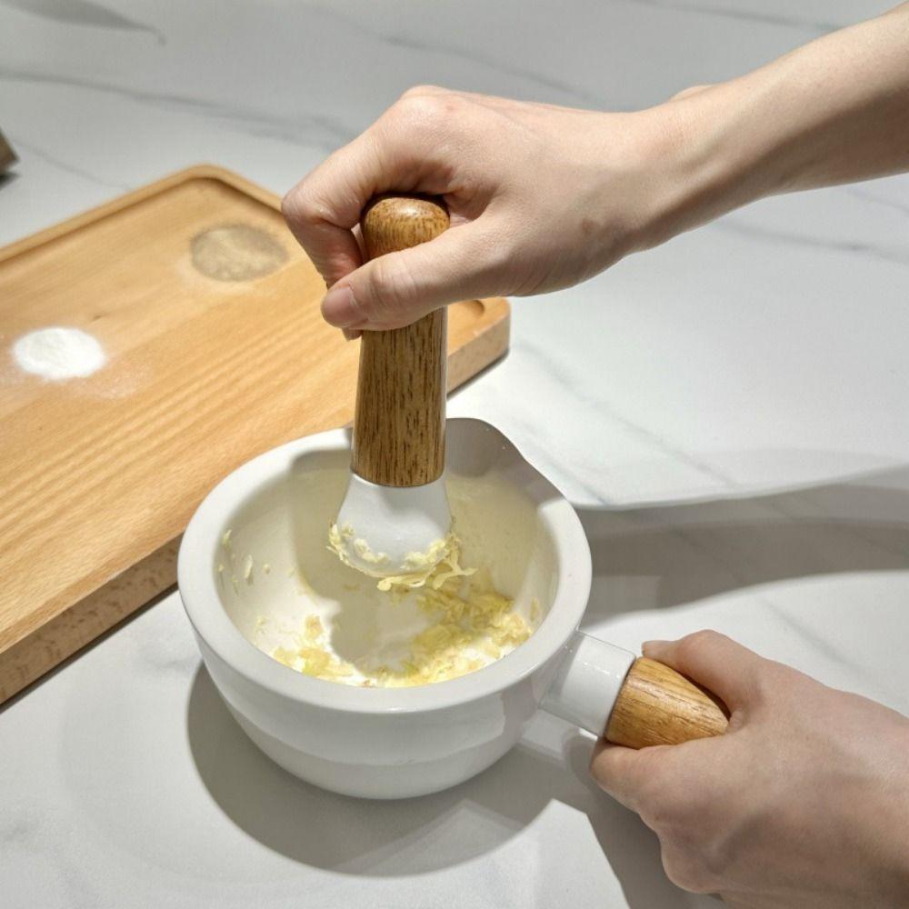 Efficient Grinding Hand-held Mashing Jar with Wood Handle Pottery Grinding Bowl  Household