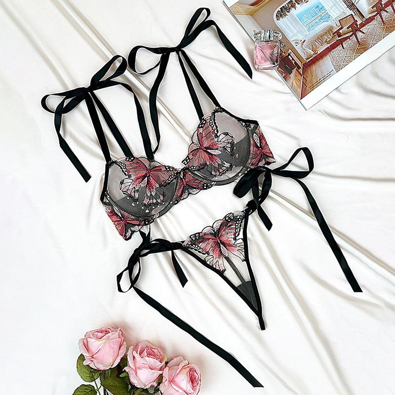 

Женское нижнее белье из 2 предметов, элегантный бант, прозрачный сексуальный бюстгальтер с бабочкой, трусики, милый комплект нижнего белья для девушек 2XL