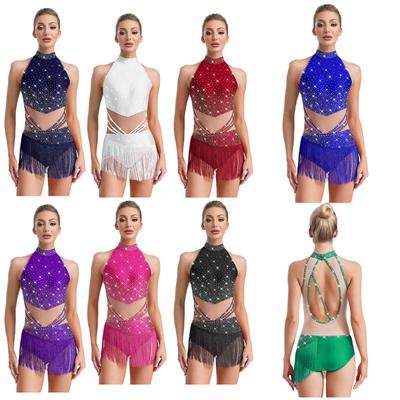 Dam Leotard med hög hals utan ärmar Glittrande Strass Tofsar Detalj Latin Dans Gymnastik Bodysuit