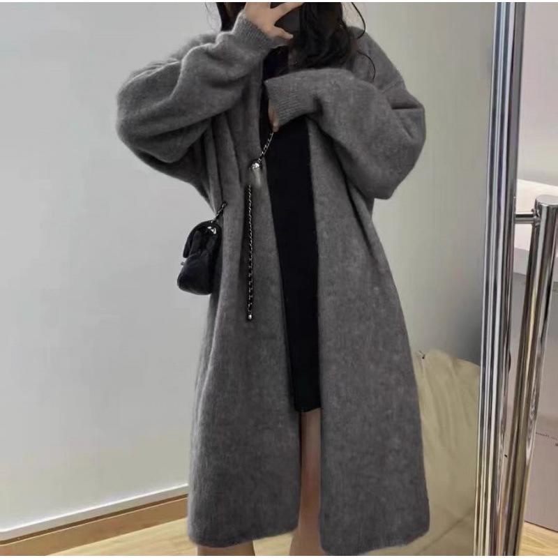 YUNSHU Korean Style Loose Knit Cardigan - Women's Medium To Long Lazy Fit Sweater for Spring and Autumn