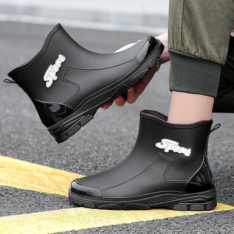 Fashion men's rain shoes medium tube rain boots non-slip short tube velvet fishing work shoes