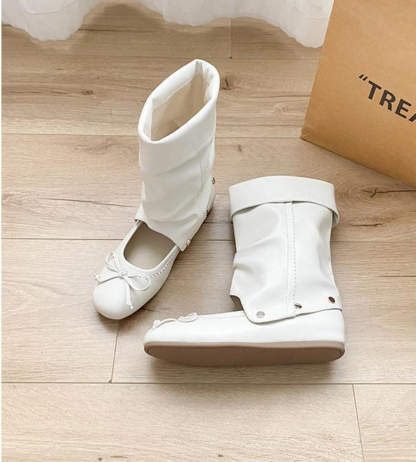 French Round Head Bow Two Wear Stacked Pants Tube Boots Women'S Inner Height Increase Shallow Mouth Ballet Single Shoes Removable Cool Boots