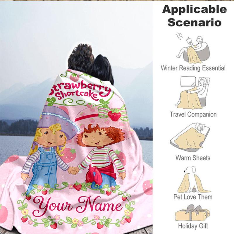 1PC Custom Name Blanket Straw-berry Friends Flannel blankets Patterns Throw Blanket All-Season Soft Gift for Couch, Bed, Camping, Birthday gifts