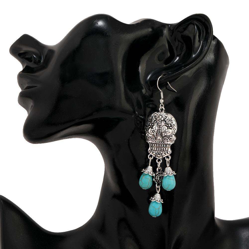 Halloween Skull Hollow Earrings Retro Exaggerated Punk Turquoise Pendant Earrings