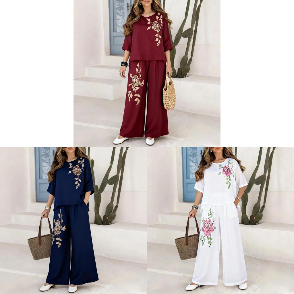 Vintage Plant Embroidery Cotton Linen Casual Pants Set For Women Summer Streetwear
