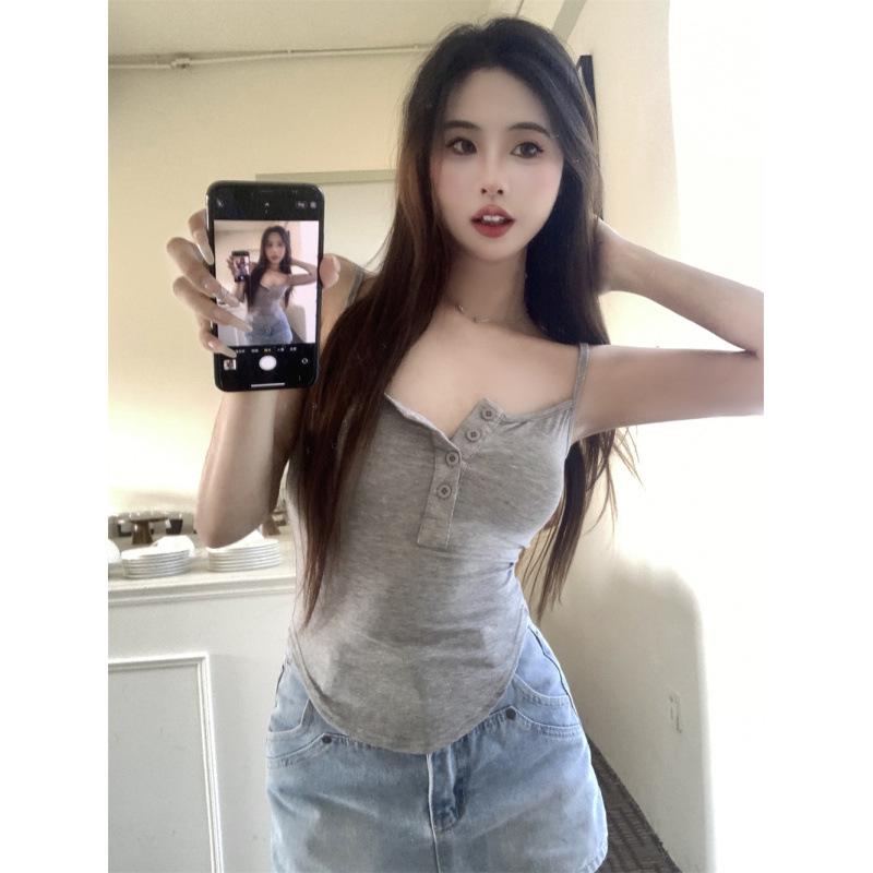 Women s Spaghetti Strap Button-Down Vest: 92% Cotton, 8% Spandex, 210g - Summer Outerwear Base Layer XL