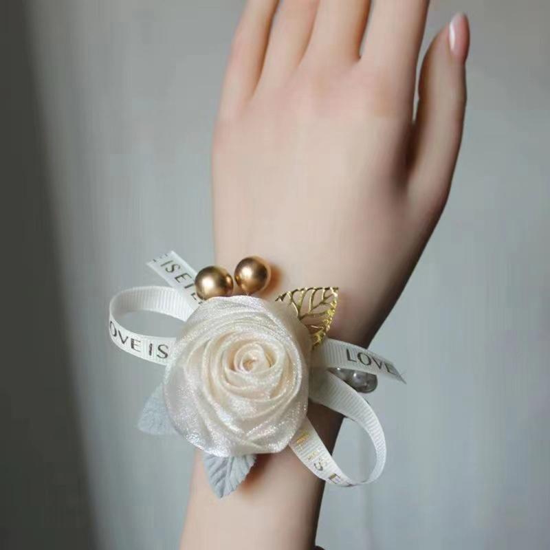Elastic Pearls Wrist Corsage Adjustable Bridesmaids Bracelet Small Rose Flower Wristband for Weddings and Parties