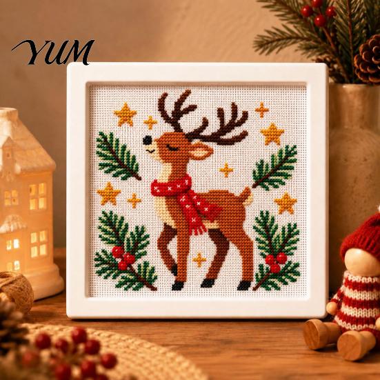 Regalo de Navidad Hecho a Mano Kit DIY de Punto de Cruz, Patrones Navideños de Papá Noel Muñeco de Nieve Reno, Kit de Manualidades de Costura para Principiantes con Temática para Adultos