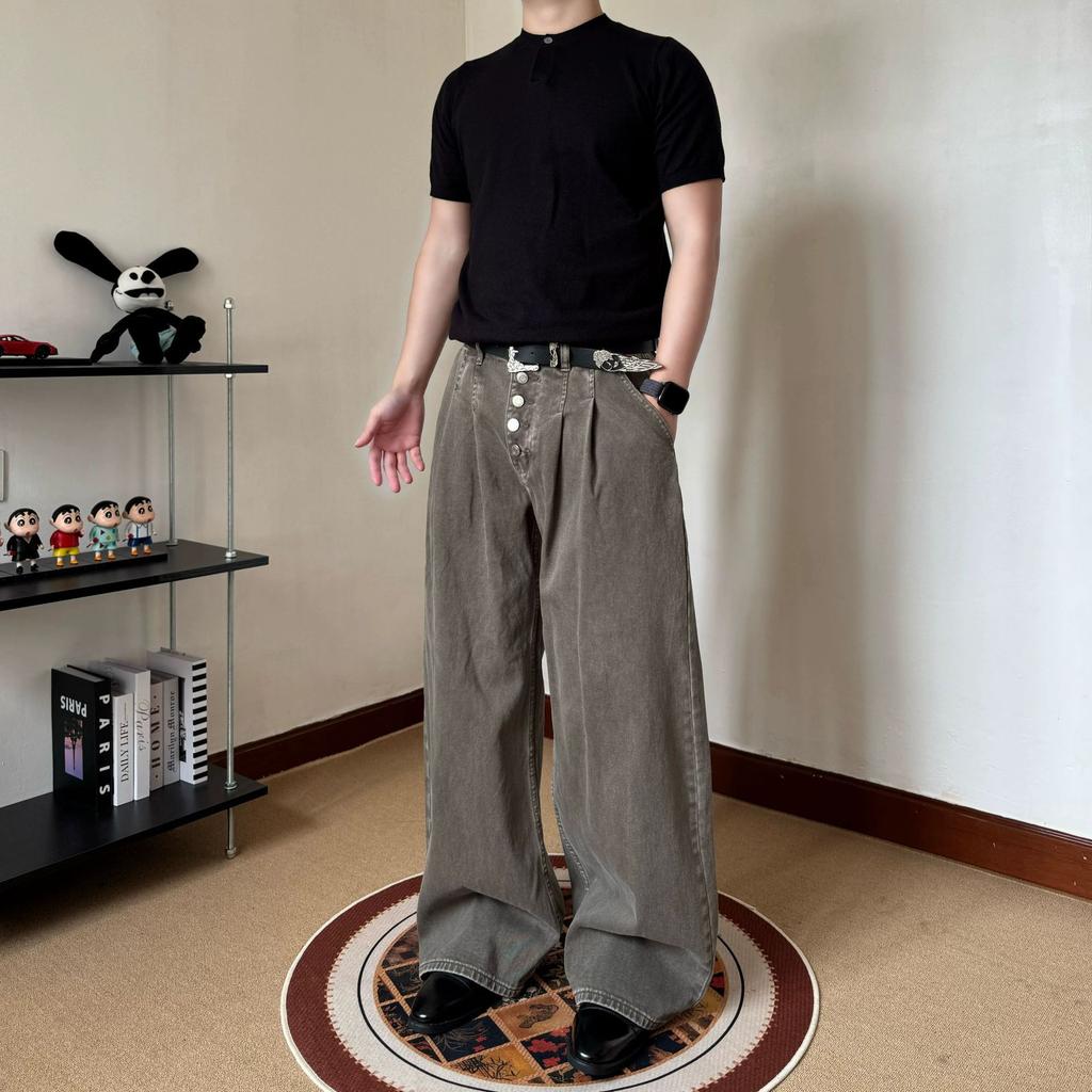 American retro senior sense cleanfit five-breasted jeans men's loose loose straight long pants
