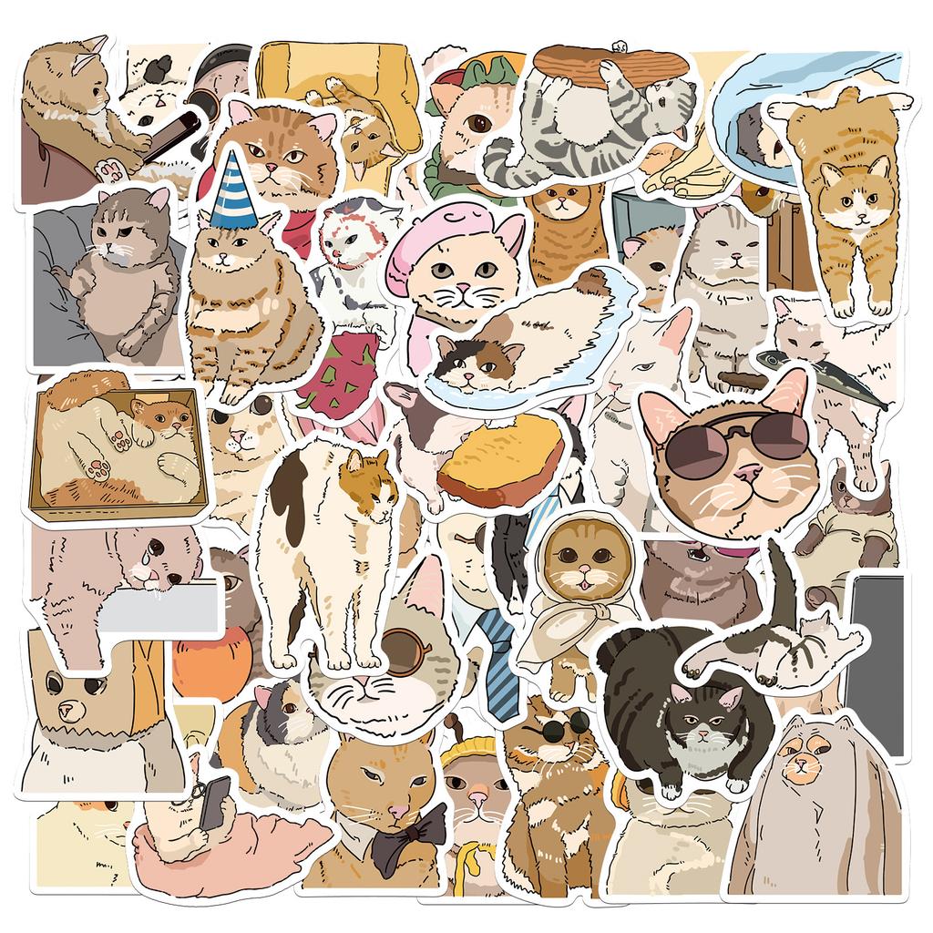 50 Pieces of Hand-drawn Cat Expression Stickers, Waterproof PVC Self-adhesive Stickers for Notebooks and Water Bottles