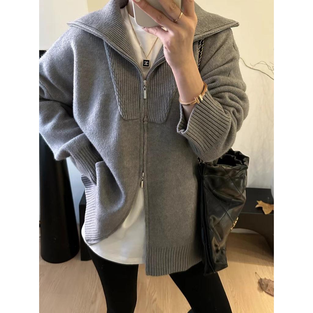 Double Zipper Lapel Thick Fashion Lazy Sweater Autumn and Winter New Loose Plus Size Knitwear Women
