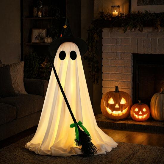 Glowing Ghost Decoration Halloween Light-Up Decoration, Spooky Witch Hat Ornament with LED Yard Light, Broom Decor for Outdoor Lawn Porch Holiday