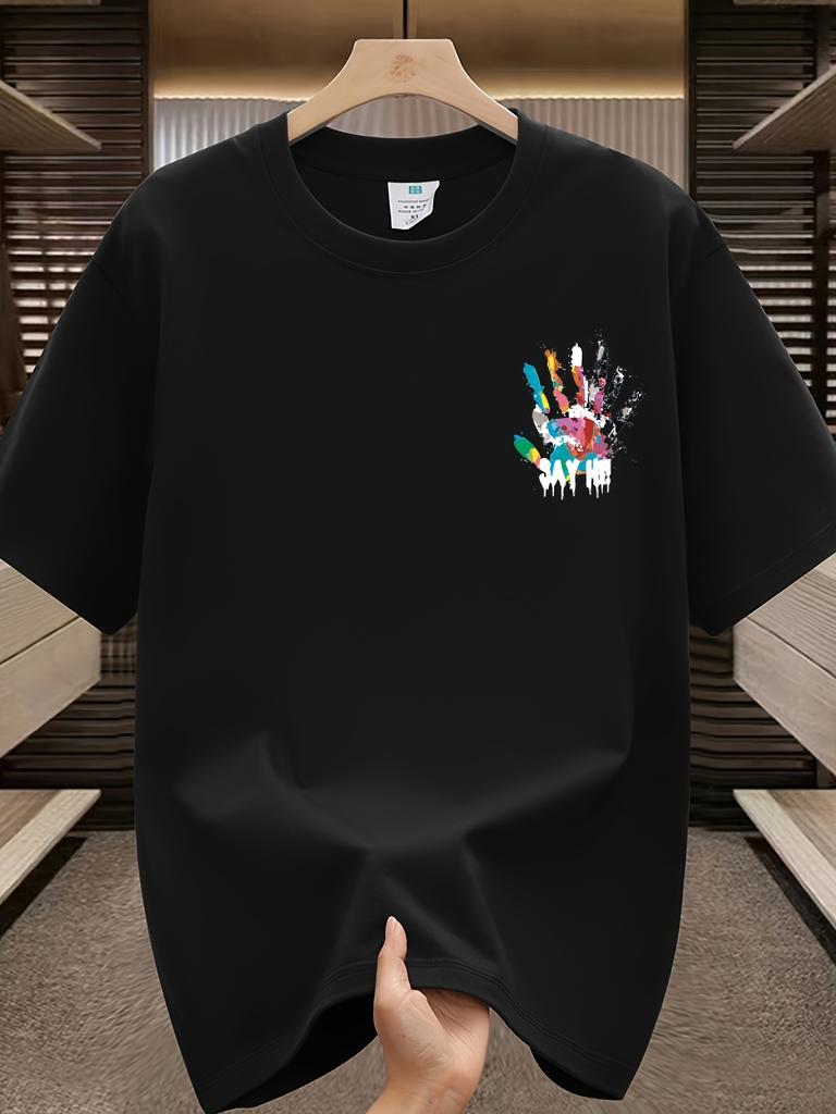Men's Summer 100 Cotton Fashionable Casual Sports Loose Large Size Color Handprint Round Neck Short Sleeve T-shirt Top