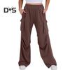 Women Cargo Pants Elastic Waist Mid-rise Straight Wide Leg Sweatpants with Multi Pockets Solid Color Casual Jogging Pants Loose Lounge Pants