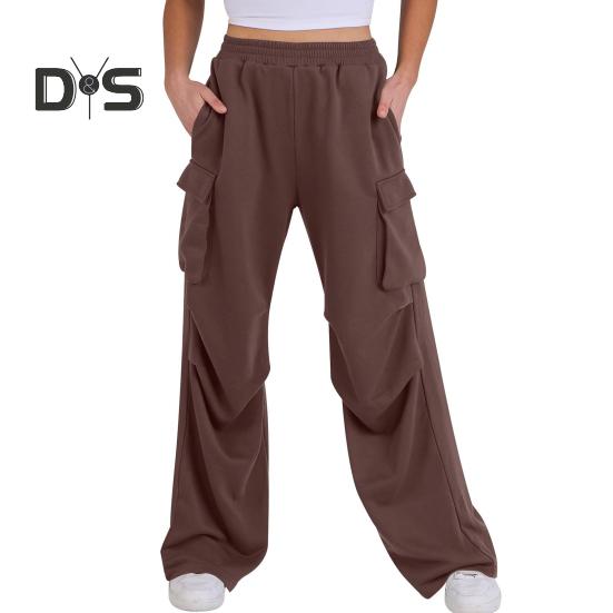 Women Cargo Pants Elastic Waist Mid-rise Straight Wide Leg Sweatpants with Multi Pockets Solid Color Casual Jogging Pants Loose Lounge Pants