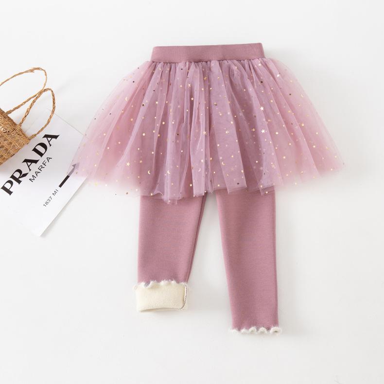 Детская юбка-брюки, одежда для девочек, зимняя плюшевая и утолщенная юбка, брюки, сетчатая юбка, поддельные двухкомпонентные леггинсы, детские модные брюки для девочек 110 розовый