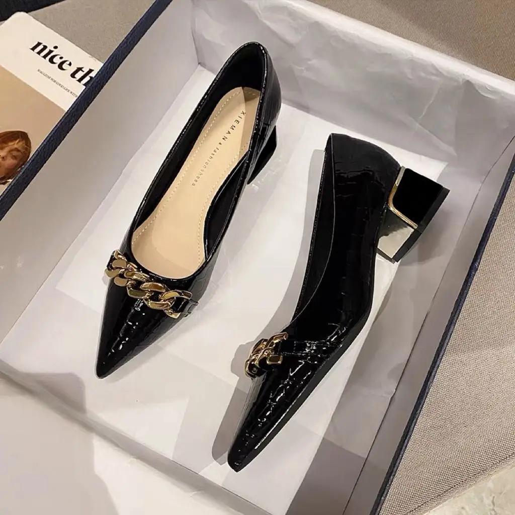 Fashion Shoes For Women Black Chain Square Heels With Medium Luxury Leather Casual Pointed Toe Office Woman Footwear Lastest Non Slip E