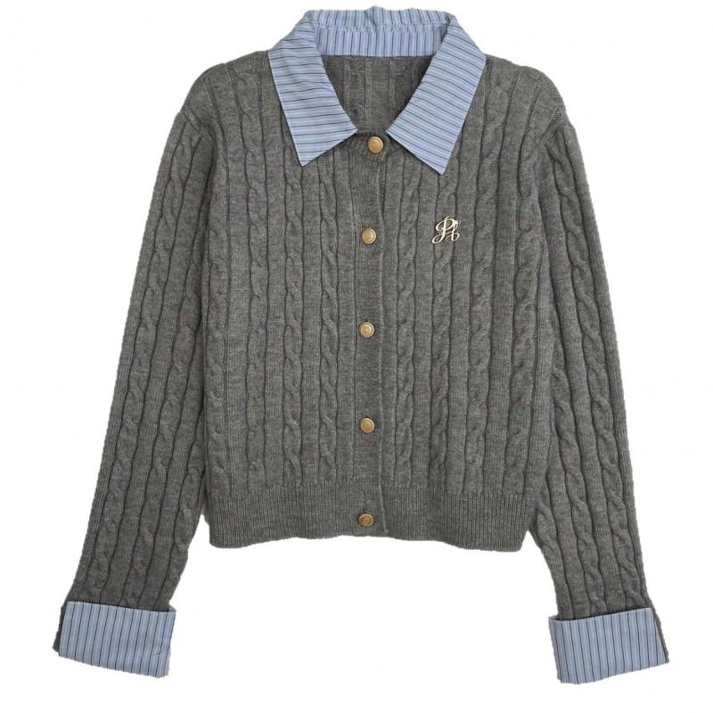 Womens College Style Cropped Knit Cardigan With Polo Collar Cable Embroidery Slim Fit Long Sleeve