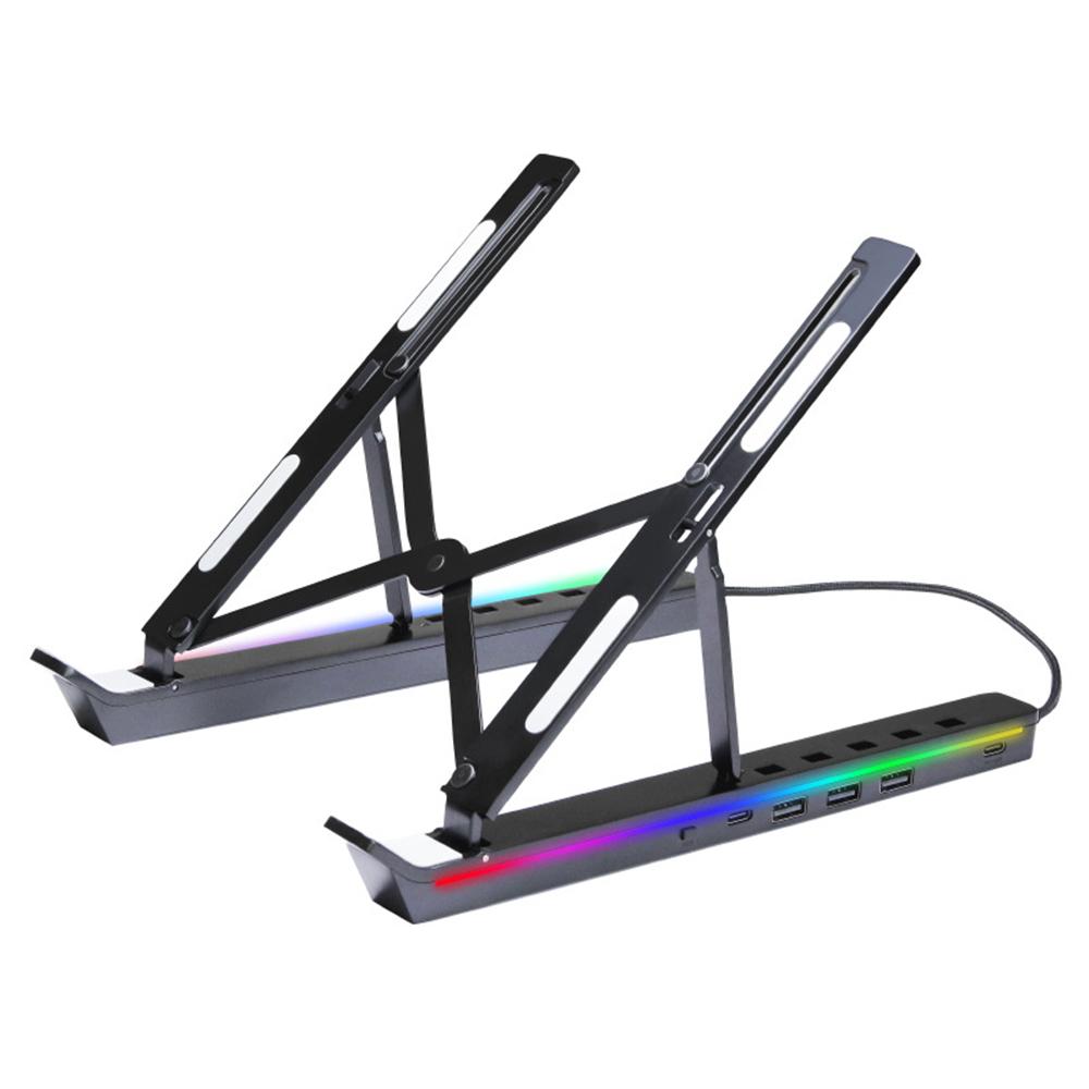 6 Heights Adjustable Laptop Stand with RGB Backlit Aluminum Alloy USB Hub Foldable Notebook Riser Bracket