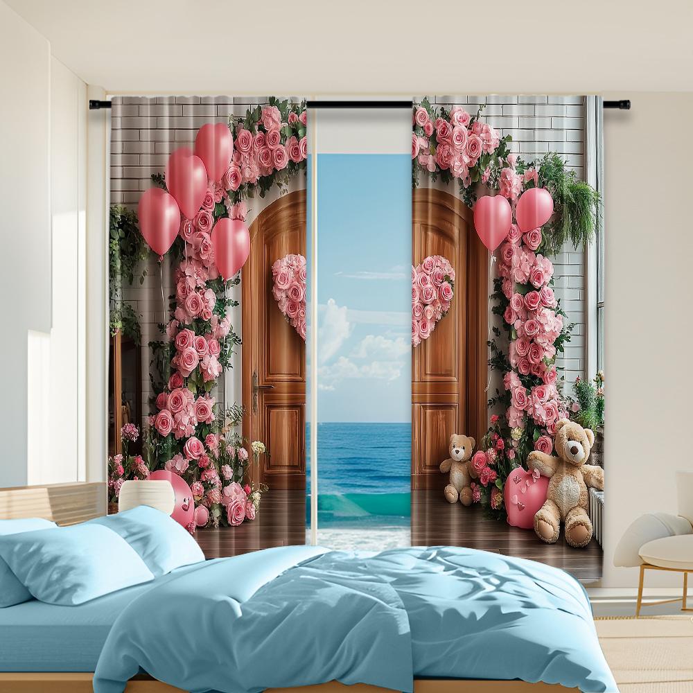 

2 pcs versatile polyester transparent curtains for home decoration Romantic Pink Rose & Love for use in bedrooms and living 100*130 Rod Pocket 1pcs