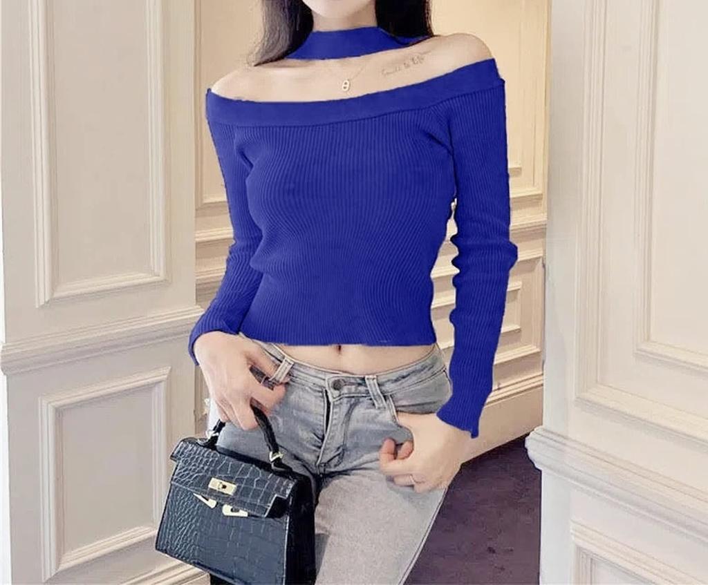 Plus Image Long Sleeve Strap Shoulder Knit Size F Women's Top, Blue,