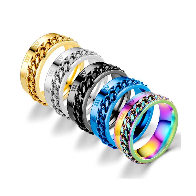 Titanium Steel Rotating Chain Ring for Men - European & American Retro Roman Numeral Design Jewelry