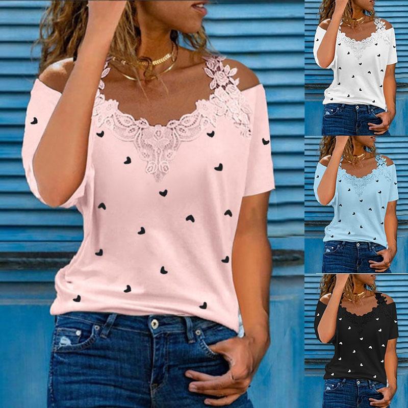 Summer Fashion Casual Top Lace Stitching T-shirts Cute Heart Print Women's T-shirts