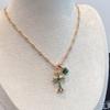 22K Gold-Plated Bamboo Chain Necklace with Sterling Silver Cross and Green Diamond