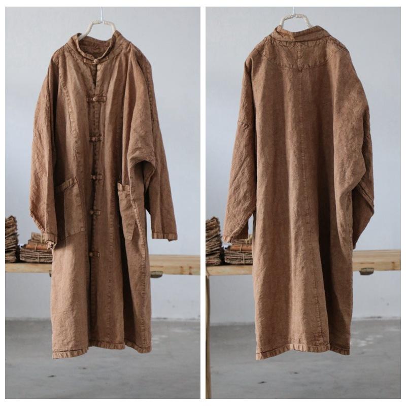 Johnature Women Vintage Solid Color Loose Coats Stand Long Sleeve Button Autumn Pockets Chinese Style Coats
